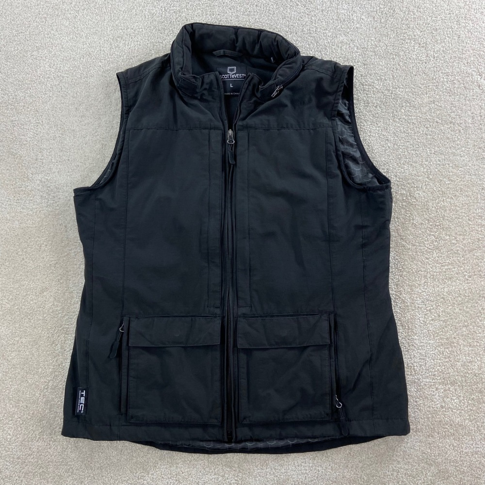 SCOTTeVEST Quest Travel Vest Mens Large Black Multi Pocket Utility Techwear Hood